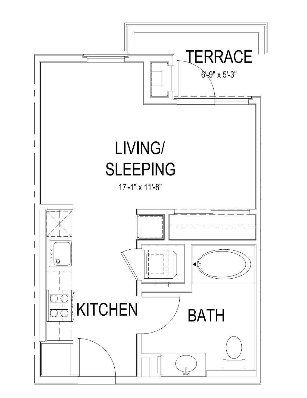 Floor plan for studio, 1 bath, 435 sqft